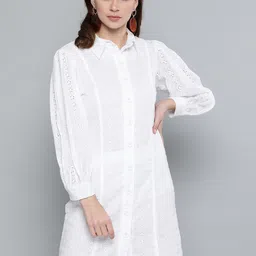 SASSAFRAS Women White Schiffli Embroidered Shirt Dress-image-49