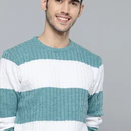 Mast & Harbour Men Sea Green & White Cable Knit Striped Pullover Sweater-image-23