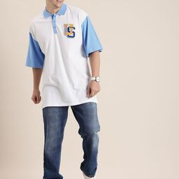 HERE&NOW Typography Embroidered Polo Collar Drop-Shoulder Sleeves Pure Cotton T-shirt-image-66