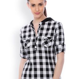 Cation Black & White Checked Shirt-Style Hooded Pure Cotton Top-image-94
