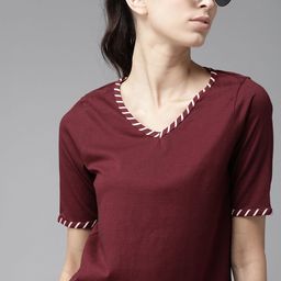 The Roadster Lifestyle Co Women Burgundy V-Neck Pure Cotton T-shirt with Contrast Taping Detail-image-49
