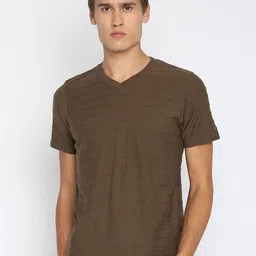 Basics Men Olive Green Striped V-Neck Pure Cotton T-shirt-picture-8