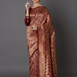 Mitera Maroon & Gold-Coloured Silk Blend Woven Design Kanjeevaram Saree-image-8