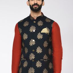 KISAH Men Black & Gold-Coloured Printed Nehru Jacket-45