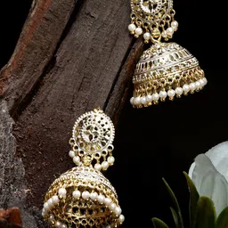 ANIKAS CREATION Gold Plated & White Enamelled Dome Shaped Jhumkas-image-65