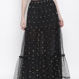 AKIMIA Black Embellished Flared Tiered Maxi Skirt-10