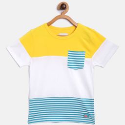 Cherry Crumble Boys Yellow & White Colourblocked Cotton T-shirt with Striped Detail-image-62