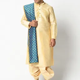 DEYANN Men Cream & Teal Blue Solid Kurta with Dhoti Pants & Dupatta-image-97