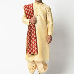 DEYANN Men Cream-Coloured & Red Solid Dupion Silk Kurta with Dhoti Pants & Dupatta-58