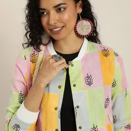 Taavi Checked Sanganeri Block Print Pure Cotton Tailored Jacket-19