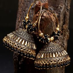 ANIKAS CREATION Black & Gold-Plated Enamelled Dome Shaped Jhumkas-24