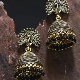 ANIKAS CREATIOn Gold Plated & Black Enamelled Peacock Shaped Jhumkas-6