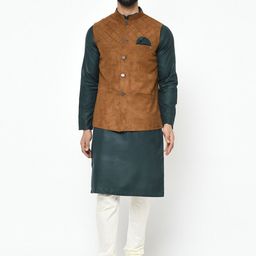 KISAH Men Brown & Green Self Design Kurta with Pyjamas-54