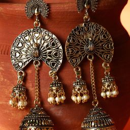 ANIKAS CREATION Gold Plated & Off-White Enamelled Peacock Shaped Drop Earrings-image-110