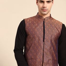 Anouk Men Copper-Toned & Navy Blue Woven Design Jacquard Silk Nehru Jacket-86