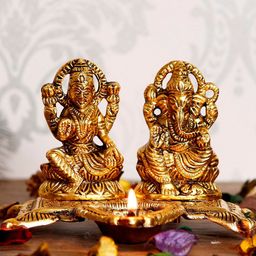 eCraftIndia Unisex Gold-Toned Lord Ganesha and Goddess Lakshmi Showpiece with Diya-image-53