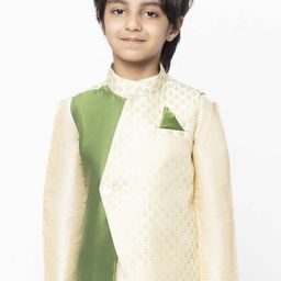 KISAH Boys Cream-Coloured & Green Printed Nehru Jacket-15
