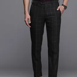 Louis Philippe Men Black Checked Slim Fit Mid-Rise Plain Woven Flat Front Formal Trousers-image-58