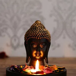 eCraftIndia Black & Gold-Coloured Lord Buddha Head with Wooden Base, Petals and Tealight Decorative Showpiece-31