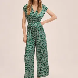 MANGO Green & Off White Printed Basic Jumpsuit with Belt-16