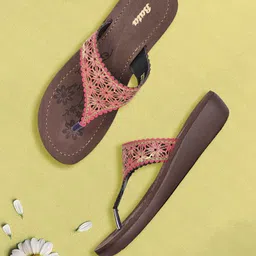 Bata Red Embellished Ethnic Wedge Heels with Laser Cuts-30