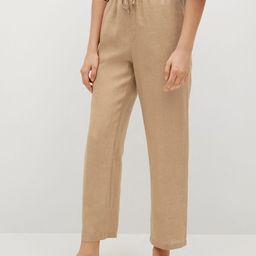 MANGO Women Beige Solid Linen Trousers with Tie-up Detail-image-45