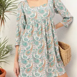 DressBerry Retro Blooms Paisley Printed Square Neck A-Line Mini Dress-image-89