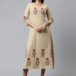MALHAAR Beige & Red Floral Printed Maxi Pure Cotton Dress-image-12