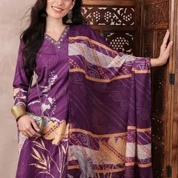 AHIKA Floral Printed Thread Work Straight Kurta with Trousers & Dupatta-image-67