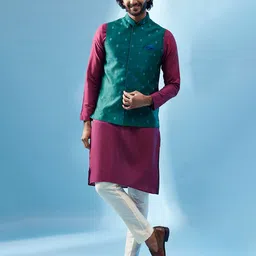 KISAH Mandarin Collar Regular Kurta & Trousers With Jacket-picture-17