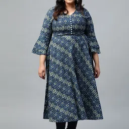 Yash Gallery Women Plus Size Navy Blue & Green Ethnic Motifs Printed Anarkali Kurta-14