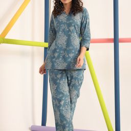 JISORA Blue & Grey Floral Printed Pure Cotton Co-Ords-image-81