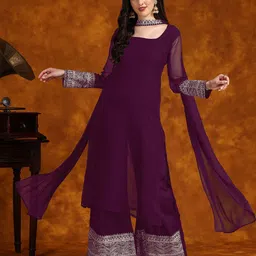 Sangria Embroidery Georgette Kurta Palazzo With Dupatta Set-image-15