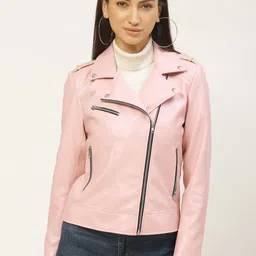 Leather Retail Women Pink Solid Lightweight Biker Jacket-42