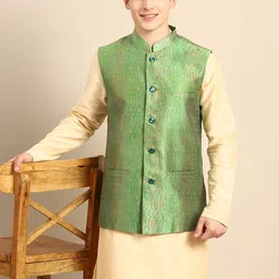 Anouk Men Cream-Coloured Solid Straight Sustainable Kurta Pyjamas & Woven Nehru Jacket-98