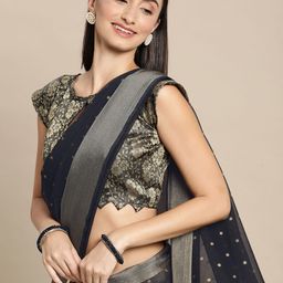 Mitera Black & Gold-Toned Floral Zari Pure Chiffon Saree-30