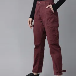 The Roadster Lifestyle Co Women Burgundy Relaxed Fit Solid Sustainable Cargos-26