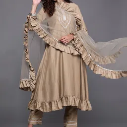 Inddus Women Beige Gotta Patti Yoke Kurta with Trousers & Net Dupatta-picture-13