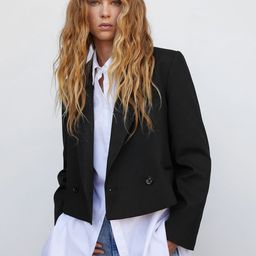 MANGO Solid Notched Lapel Collar Double-Breasted Blazer-49