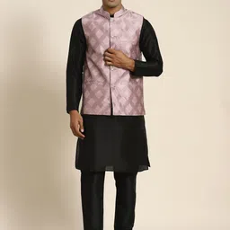 SOJANYA Men Black Kurta with Churidar with Nehru Jacket-picture-19