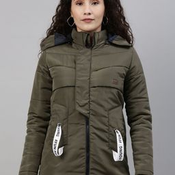 Campus Sutra Women Olive Green Windcheater Parka Jacket-image-66