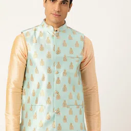 SOJANYA Men Sea Green & Golden Woven Design Nehru Jacket-22