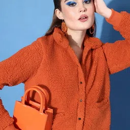 Roadster Women Rust Orange Solid Sherpa Tailored Jacket-56