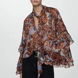 MANGO Printed Tie-Up Neck Bell Sleeve Ruffles A-Line Top-14