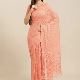 Saree mall Peach-Coloured Woven Design Supernet Saree-image-68