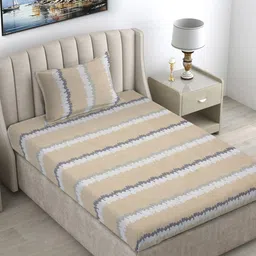 FABINALIV Beige & White Striped 300 TC Single Bedsheet With 1 Pillow Cover-image-72