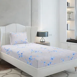 Monte Carlo Blue Floral Cotton 104 TC Single Bedsheet with 1 Pillow Covers- 2.24mx1.52m-image-5