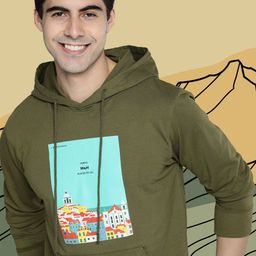 Mast & Harbour Men Olive Green Printed Hooded Sweatshirt-image-31