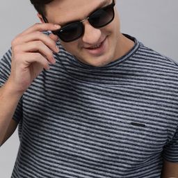THE BEAR HOUSE Men Navy Blue Striped Round Neck T-shirt-image-7