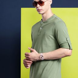 Hancock Men Henley Neck Roll-Up Sleeves Pure Cotton T-shirt-image-82